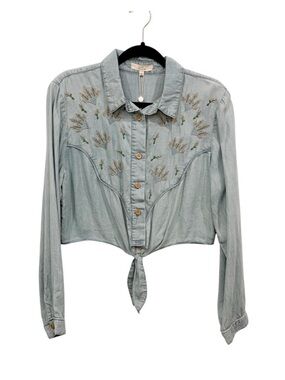 NWT CHELSEA & VIOLET Chambray Embroidered Button Down Cropped Tie Front Top L